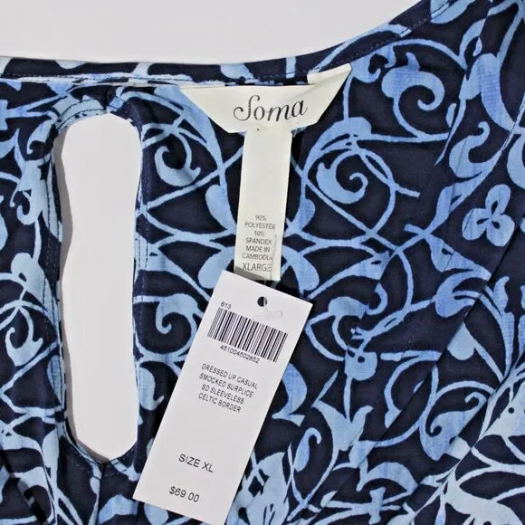 Soma Sleeveless Casual Smocked Mini Dress Blue Floral Hippie Boho Women Size XL - Picture 5 of 10